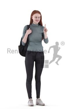 Posed 3D People model for visualization – european woman with red hair, standing and pointing on something, casual