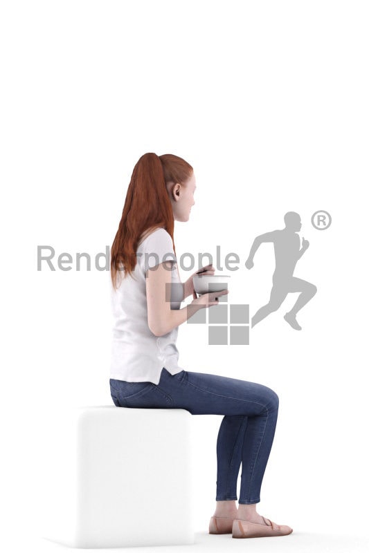 3d people casual, 3d white woman sitting and eating