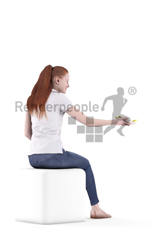 3D People model for 3ds Max and Sketch Up – eurpean female in casual look, sitting and offering chips
