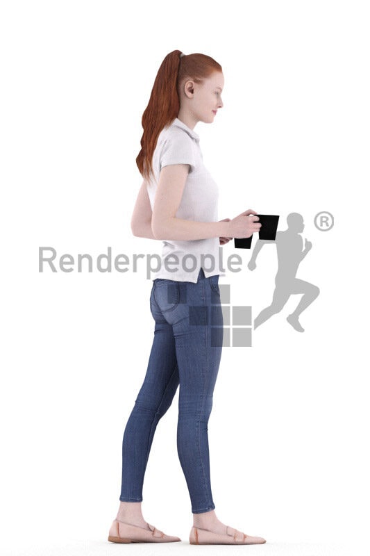 Posed 3D People model for visualization – european woman with red hair, walking and carrying two cups