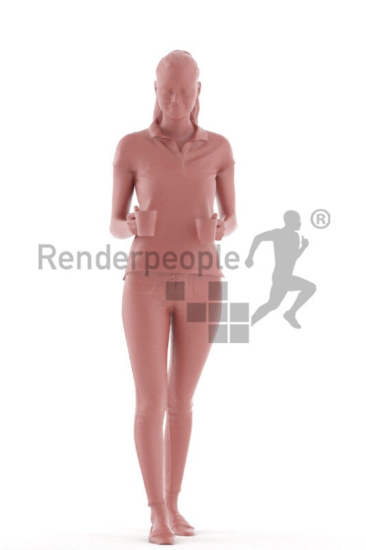 Posed 3D People model for visualization – european woman with red hair, walking and carrying two cups