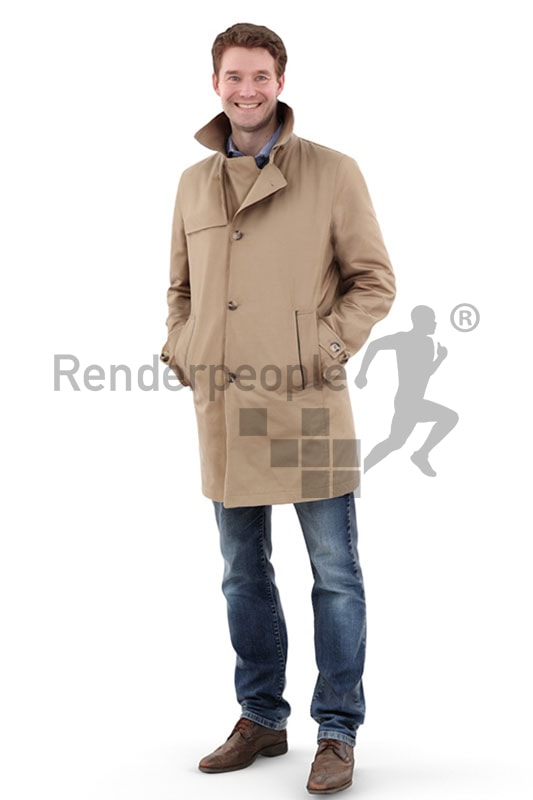 3d people outdoor, white 3d man wearing a jacket