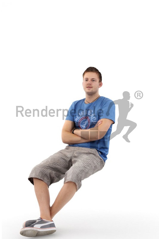 3d people casual, white 3d man in shorts sitting