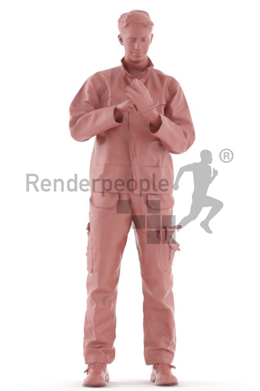 3d people worker, white 3d man standing and putting on gloves