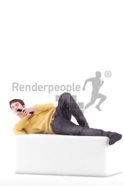 3d people casual, white 3d man lying down using the remote