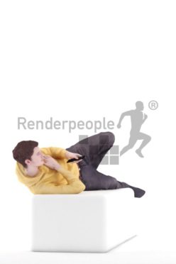 3d people casual, white 3d man lying down using the remote