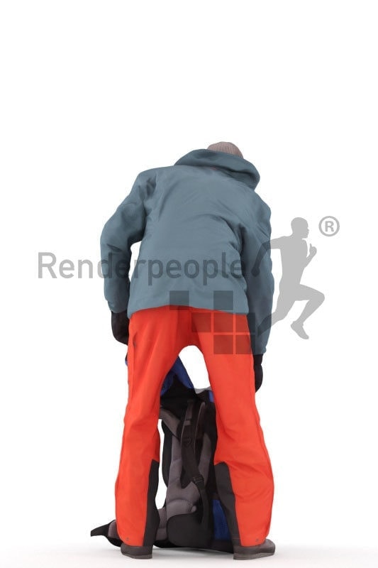 3d people outdoor, white 3d man standing and looking into bag