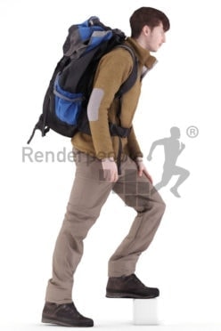 3d people outdoor, white 3d man walking and hiking