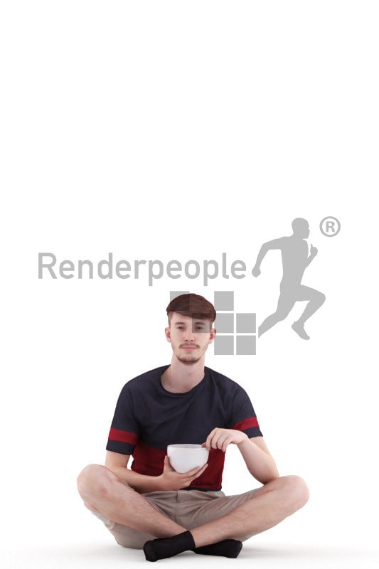 3d people casual, white 3d man sitting and eating