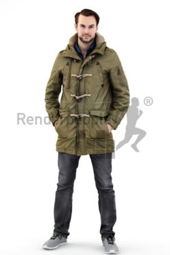 3d people outdoor, white 3d man wearing a warm jacket