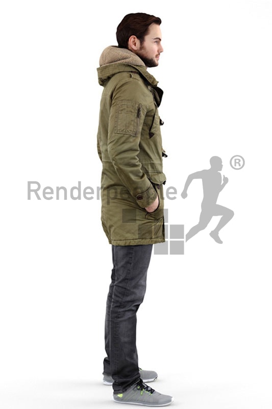 3d people outdoor, white 3d man wearing a warm jacket