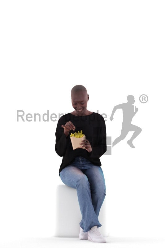 Posed 3D People model for renderings – casual black woman, eating fries