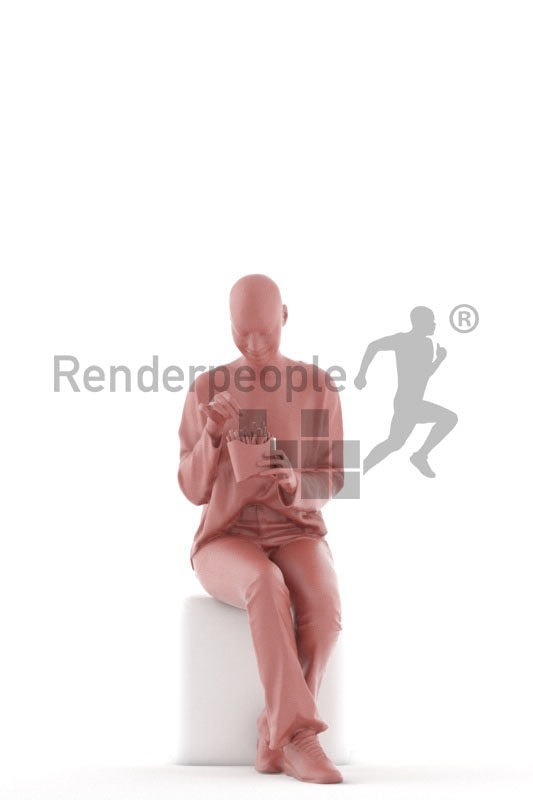 Posed 3D People model for renderings – casual black woman, eating fries