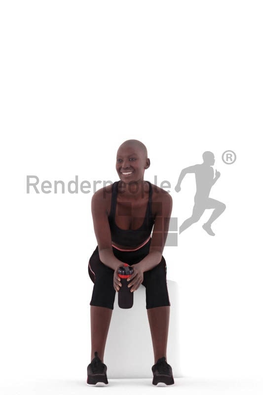 Scanned human 3D model by Renderpeople – black woman in sport wear, sitting with a bottle