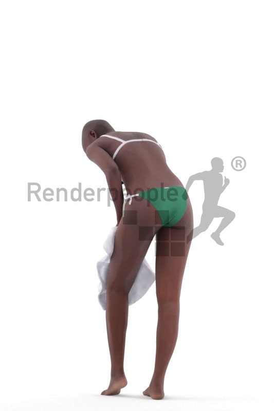 Photorealistic 3D People model by Renderpeople – black woman in bikini, using a towel