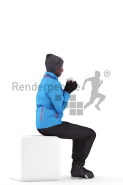Photorealistic 3D People model by Renderpeople – black woman, sitting, with skii equipment, drinking coffee