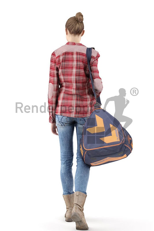 3d people casual, white 3d woman carrying a sports bag
