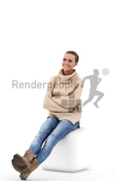 3d people casual, white 3d woman sitting with a friendly smile