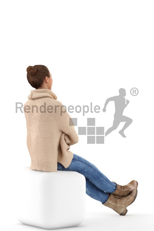3d people casual, white 3d woman sitting with a friendly smile