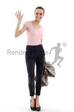 3d people business, white 3d woman carrying her blazer and waving friendly