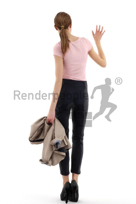 3d people business, white 3d woman carrying her blazer and waving friendly