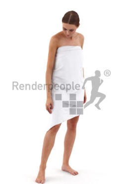3d people spa, white 3d woman covered with a towl looking at the floor