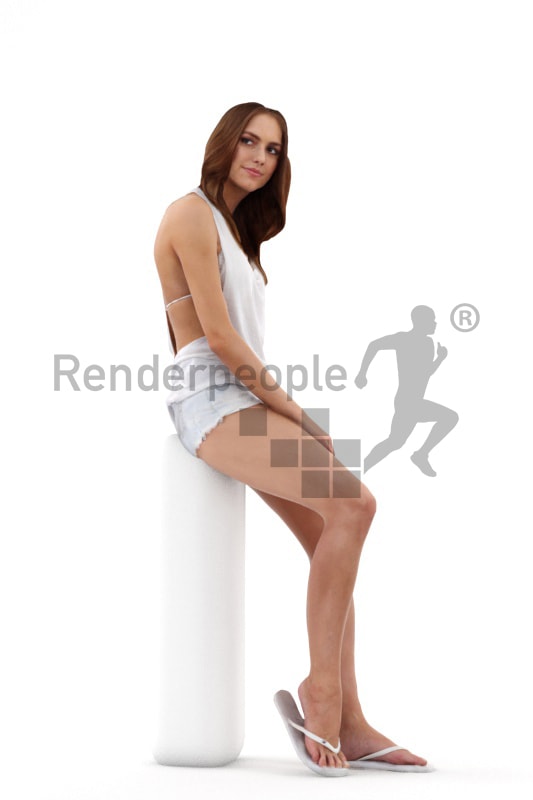 3d people summer, white 3d woman wearing flip flops sitting and relaxing