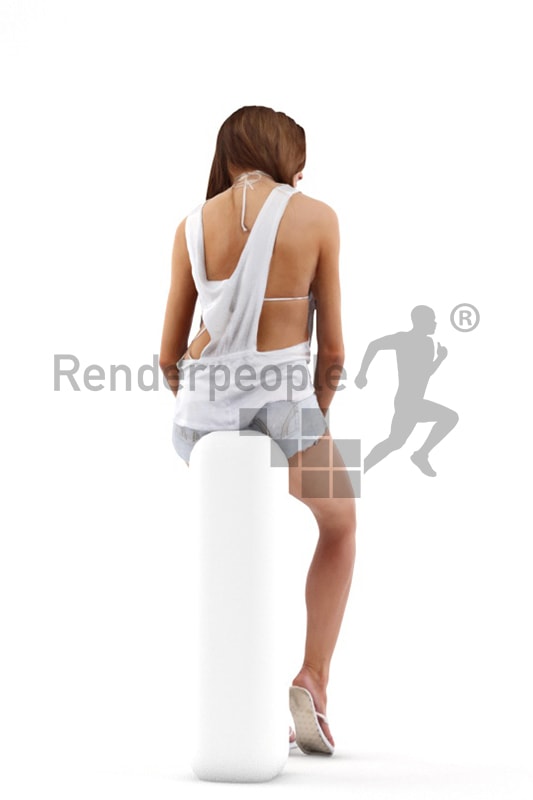 3d people summer, white 3d woman wearing flip flops sitting and relaxing