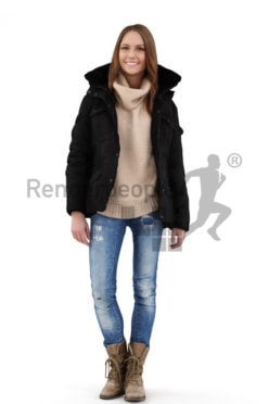 3d people outdoor, white 3d woman wearing a winter jacket