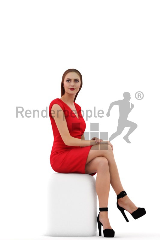 3d people event evening, white gorgeous 3d woman sitting in red dress