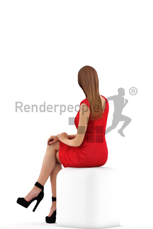 3d people event evening, white gorgeous 3d woman sitting in red dress