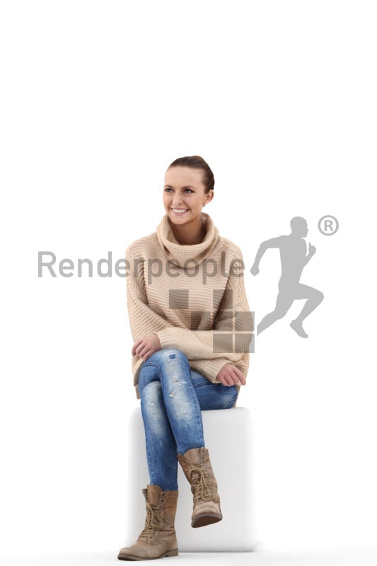 3d people casual, beautiful white 3d woman sitting and smiling