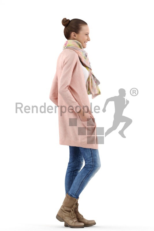 3d people casual, white 3d woman standing and smiling with scarf