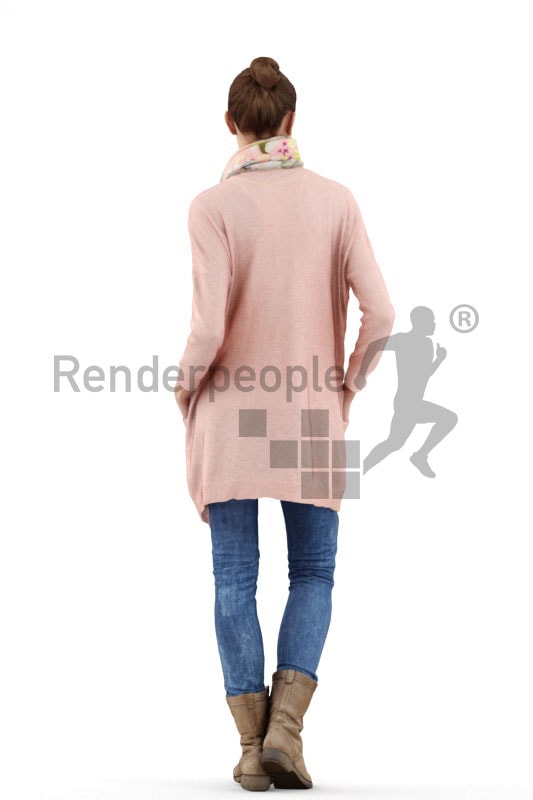 3d people casual, white 3d woman standing and smiling with scarf