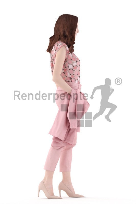 3d people event, white 3d woman walking and holding jacket