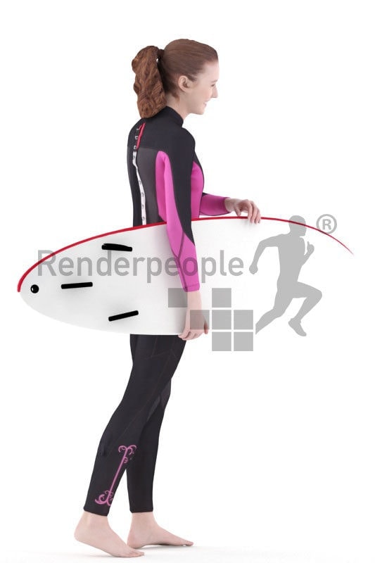 3d people swimwear, white 3d woman carrying surfboard