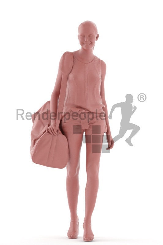 3d people casual, white 3d woman standing and carrying sportsbag