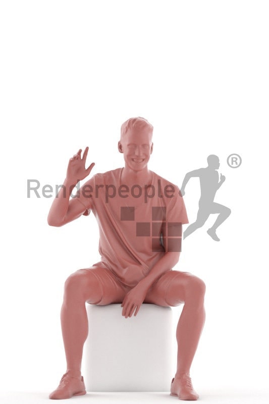 3d people casual, white 3d man sitting and waving