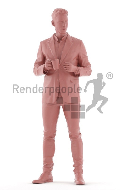 3d people business, white 3d man standing and holding mug