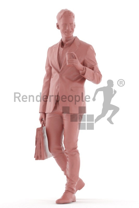 3D People model for 3ds Max and Sketch Up – white male in office clothing, walking while carrying a business bag and a coffee to go cup, smiling