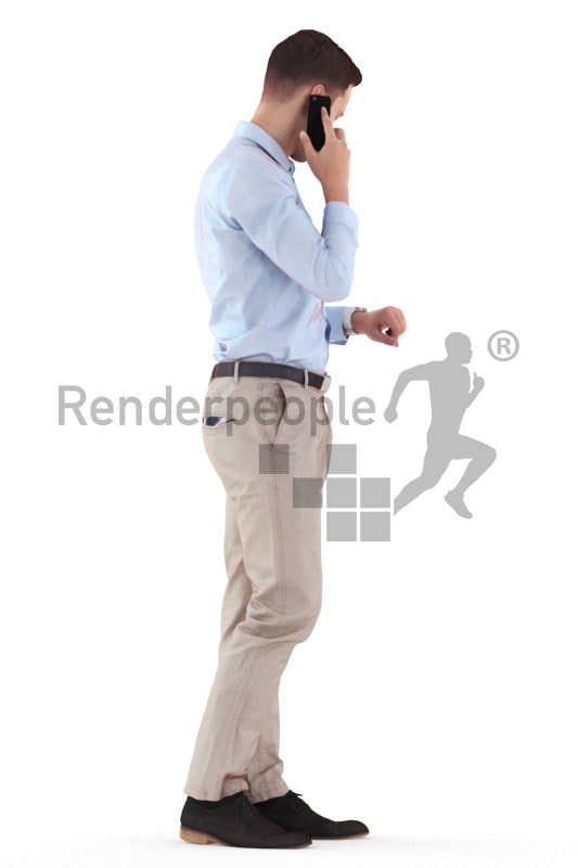 Scanned human 3D model by Renderpeople – european male in business shirt, standing, calling and checking the time