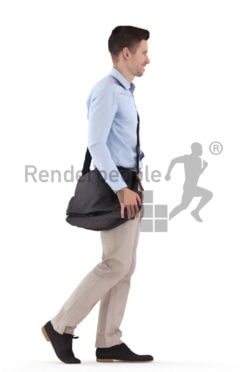Scanned 3D People model for visualization – european man in business look, walking with bag