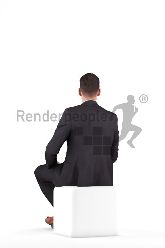Photorealistic 3D People model by Renderpeople – white man sitting and listening in office look