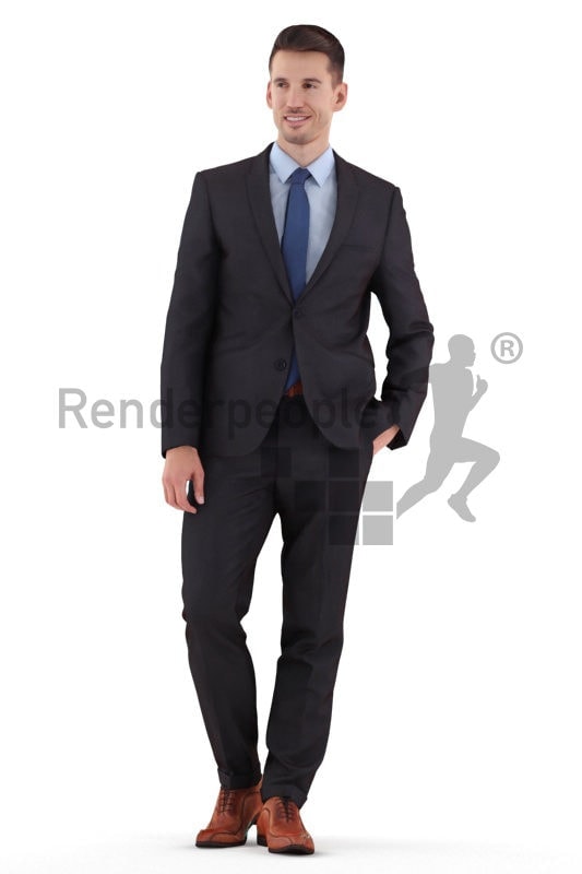 Photorealistic 3D People model by Renderpeople – white man walking in suit, communicating