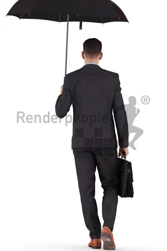 3D People model for 3ds Max and Cinema 4D – white male in business look, walking outside with business bag and umbrella