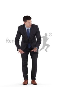 Posed 3D People model by Renderpeople – white man in businesssuit, leaning on the table and talking