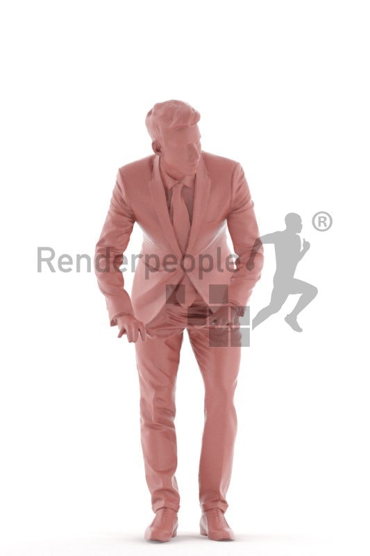 Posed 3D People model by Renderpeople – white man in businesssuit, leaning on the table and talking