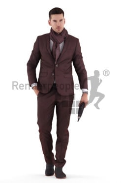 Scanned 3D People model for visualization – white man in business clothing, walking outside, holding an umbrella