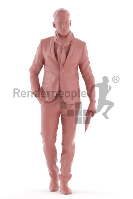 Scanned 3D People model for visualization – white man in business clothing, walking outside, holding an umbrella