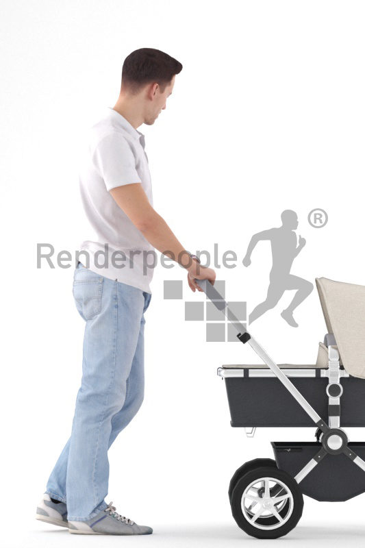 Posed 3D People model for visualization –white man walking with a buggy